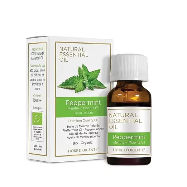 Image de la bouteille d'huile essentielle de menthe poivrée avec sa boite en carton