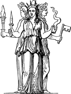 représentation de la déesse Hécate sous ses trois forme tenant un flambeau, une dague ainsi qu'une clé et de l'encens