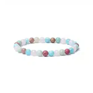 Bracelet en pierre d'aigue marine, d'amazonite, de quartz rose et de thulite. Composé de perles de 6 mm idéal pour l'apaisement et la relaxation.