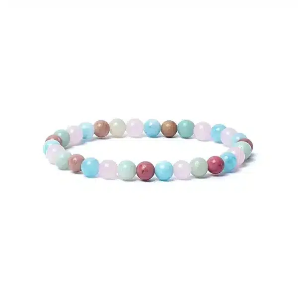 Bracelet en pierre d'aigue marine, d'amazonite, de quartz rose et de thulite. Composé de perles de 6 mm idéal pour l'apaisement et la relaxation.